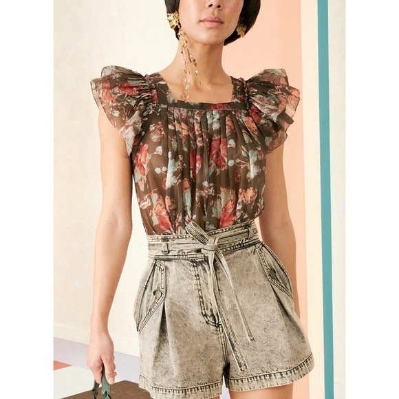 Ulla Johnson Silk-Blend Ruffle Floral Kiki Short-Sleeve Top - Picture 1 of 7